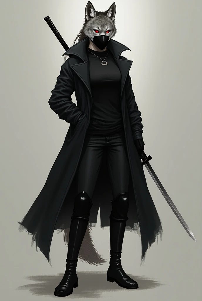  Create a humanized wolf with gray and black fur,  with a ponytail in her hair ,,a black coat,  black boots and a black t-shirt ,  a black mask covering only her mouth ,  she has red eyes with white pupils , and she carries a katana 