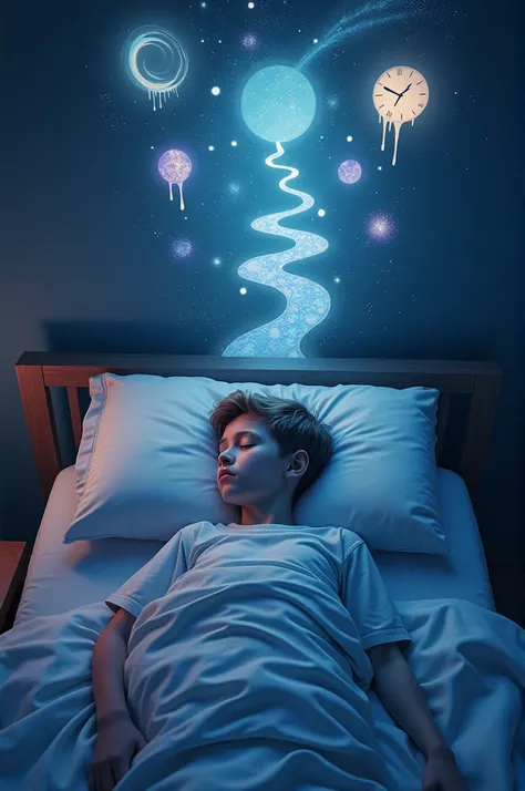 A high-angle shot looking directly down at a boy , around 11-, asleep in bed. The  is centered in the frame, with dreamlike elements floating above their head. These include abstract symbols, twisting spirals, melting clocks, and pathways winding into the ...