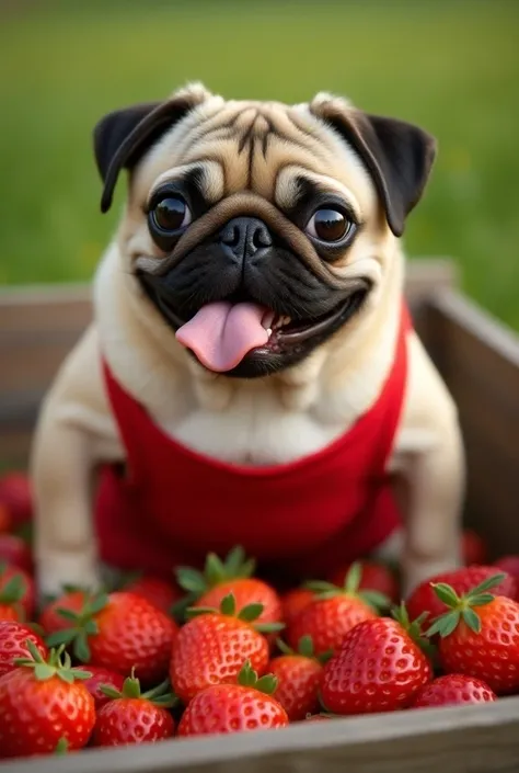 A pug wearing red short, standing like human, in strawberry cart, to buy strawberry, tongue licking with water