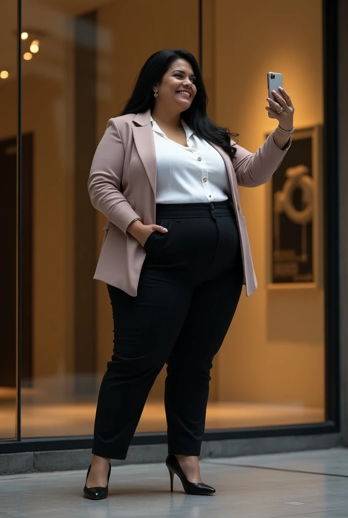 Argentine woman, 44 years old, height 1.50 meters, 2 pounds overweight, dark skin with wrinkles corresponding to her age, very long straight black hair, very huge big booty, strong legs, wears white shirt, square jacket in pastel tones, black . dress pants...