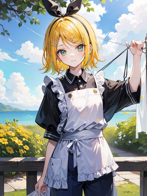 A beautiful young girl in a neatly tied apron, hanging colorful laundry on a clothesline under the bright morning sun. The scene takes place in a tranquil garden with lush green grass, vibrant flowers, and a clear blue sky dotted with a few soft clouds. Wa...