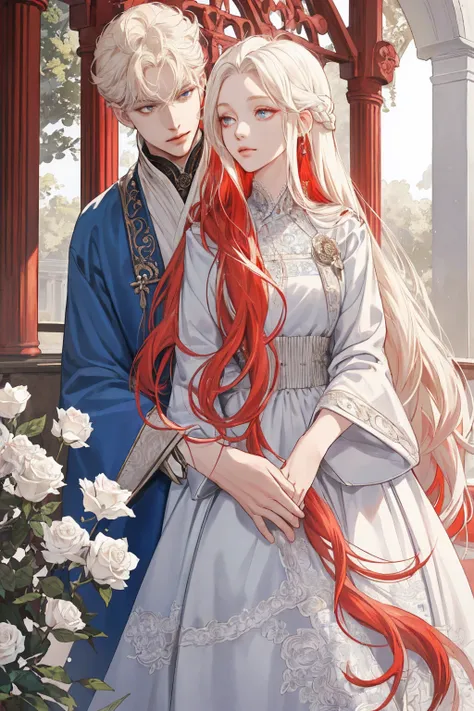 (extreamly delicate and beautiful:1.2), 8K,(masterpiece:1.0),(best_quality:1.0)couple, different hair the man red hair and the girl platinum blonde curls long hair, and eye color, one man, adult, ((male red hair)), short hair, tall, red hair, golden eyes, ...