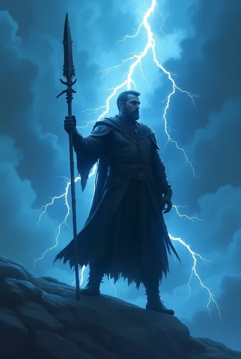 A crow man warrior with a giant glaive, splitting the clouds, blue background, lightning striking the glaive blade