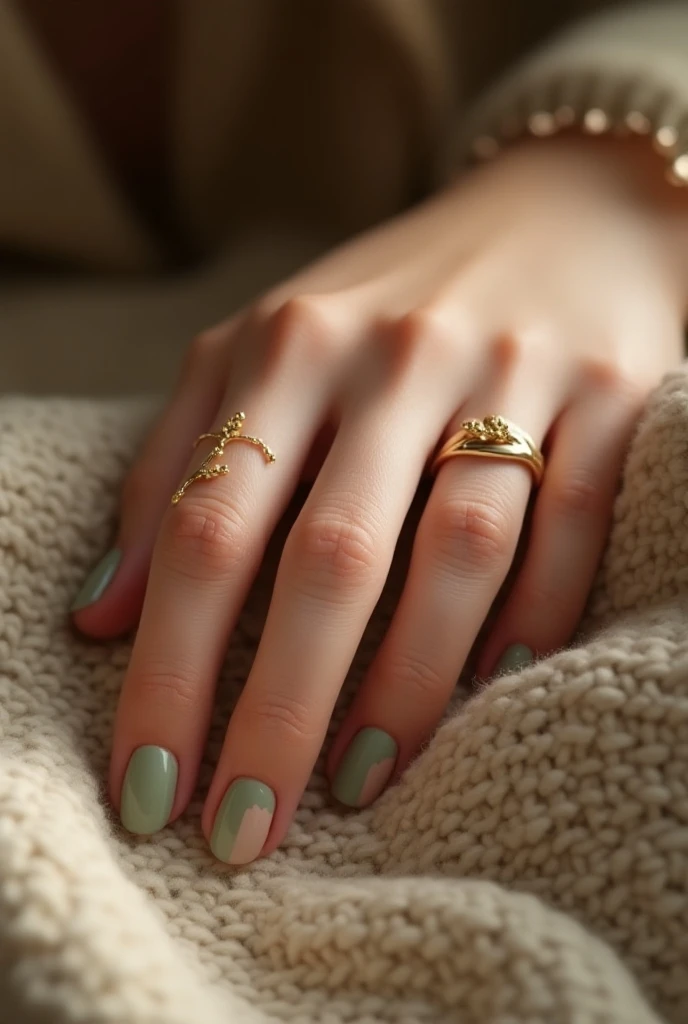 Elegant hand with olive green and nude manicure, delicate gold leaf-shaped ring, close-up of fingers resting on soft knit fabric, nature-inspired nail art with tiny vine design, cozy and feminine, warm home setting, serene and comfortable atmosphere, reali...