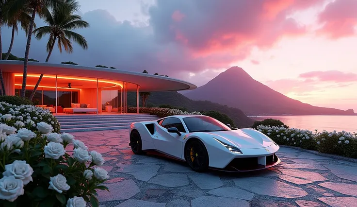 a futuristic house with a white Farrari testarossa parked in front of it,a rough cobble stone driveway. cgsocietywlop, beautiful curves, intricate devilish designs, qualia, interesting shapes & form, very detailed furniture in house. wow factor, elaborate ...