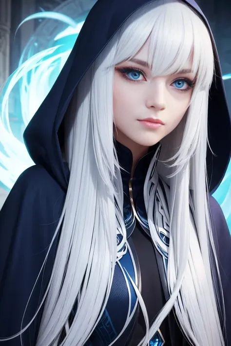 Close-up of a mysterious sorceress with long, flowing white hair and deep blue eyes, her face half-hidden by a hood. Soft