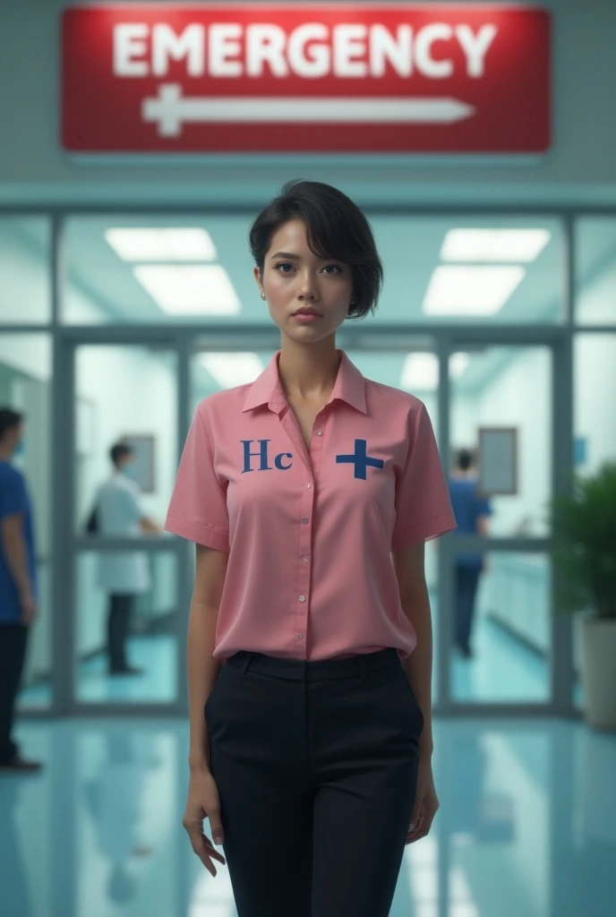 Realistic Brazilian secretary wearing a short pink blouse with HC written in dark blue on the left side and black dress pants with very short hair in front of the emergency room of a large and modern hospital