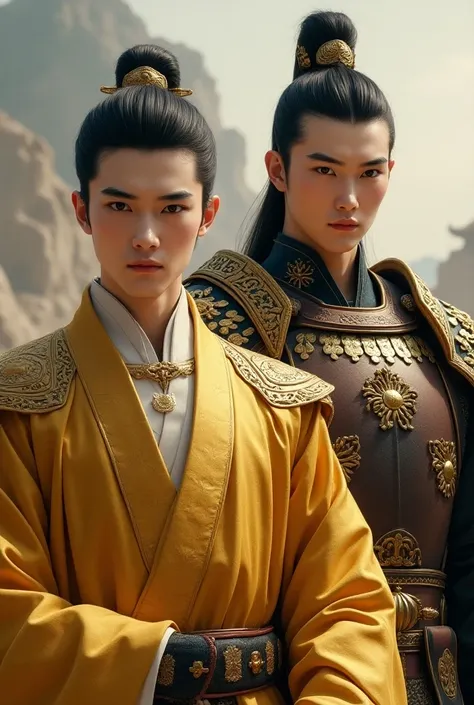 Chinese emperor, handsome and young, western face, black hair, black eyes, no beard, golden gown; ancient chinese general, young, strong and taller and handsome, western face, black hair, black eyes, no beard, armor