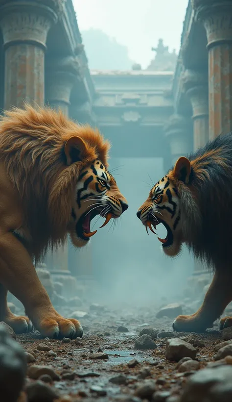 Lion + Sabertooth Tiger: Among the ancient ruins of a forgotten temple, a lion-sabertooth tiger hybrid stands face to face with a menacing rival. Their massive saber teeth are bared, muscles rippling under the thick mist that clings to the stone. The ancie...