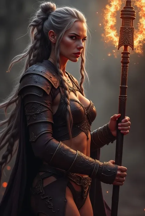 70 year old woman with wrinkles on her skin,Very long straight hair with thick braids with a bun,thick lips,thick eyebrows,red painted lips,with very sexy warrior armor that shows her beautiful body and her ass in a thong,with thong,fitness ass with muscle...