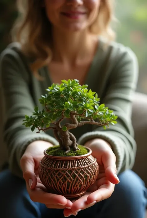 A woman is showing her friend a bonsai pot made of copper wire.