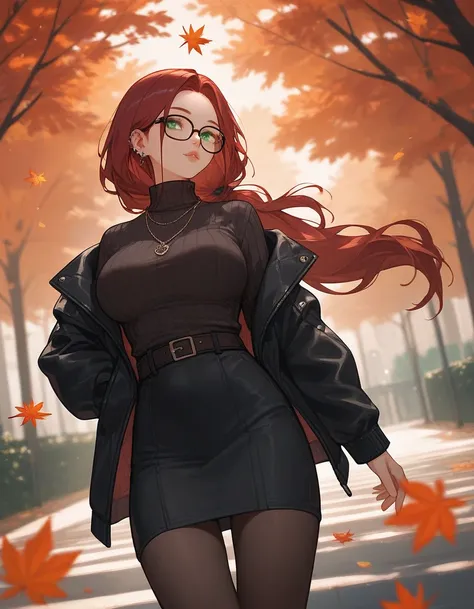 ((close up)), score_9, score_8_up, score_7_up, score_6_up, score_5_up, score_4_up, 1 girl, burgundy hair, ((long hair)), oval glasses, two low ponytails, green eyes, black clothes, ((black Puffer Jackets)), ((fur)), turtleneck, big breasts, skirt, autumn, ...