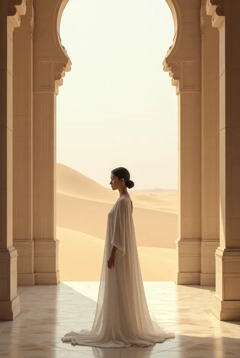 Woman in white clothes between palaces and deserts to be presented at a data show 