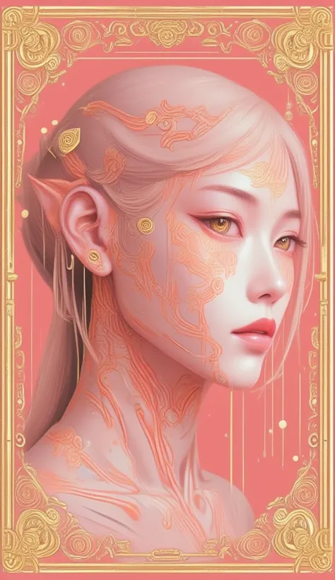 electronics, gold circuitry, gold wiring, buttons, mechanical parts, beautiful abstract ai model with elf ears, smooth shiny pink surface, pretty face, sexy, minimal, sleek, slender, asian, elegant, chic, futuristic, retro, sophisticated, (half human half ...