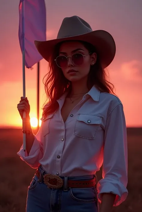 Cowgirl holding a blank banner Amish clothing shirt oversized pants Stunning eyes Stunning face Creamy hair Gorgeous hair Cowgirl outfit Stunning clothes Charming colours Amazing colors Very detailed and beautiful Sun background Sun glasses With her nerdy ...