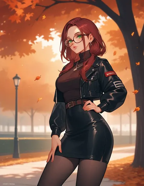 ((close up)), score_9, score_8_up, score_7_up, score_6_up, score_5_up, score_4_up, 1 girl, burgundy hair, ((long hair)), oval glasses, two low ponytails, green eyes, black clothes, ((black Puffer Jackets)), ((fur)), turtleneck, big breasts, skirt, autumn, ...