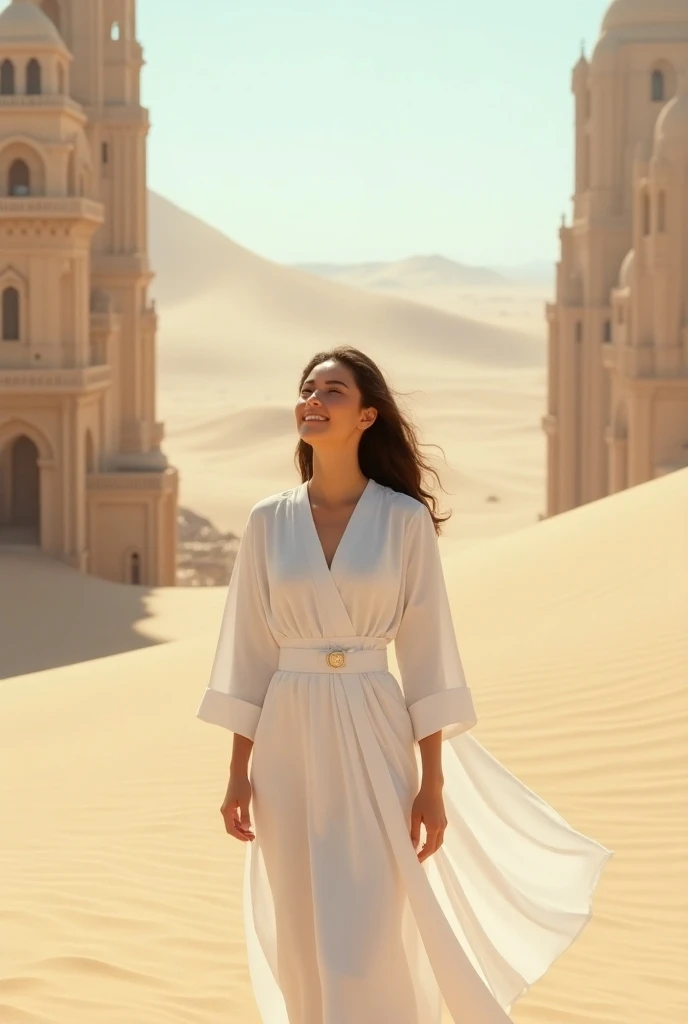 Woman with an expression of joy wearing white clothes between palaces and deserts for presentation at a data show 