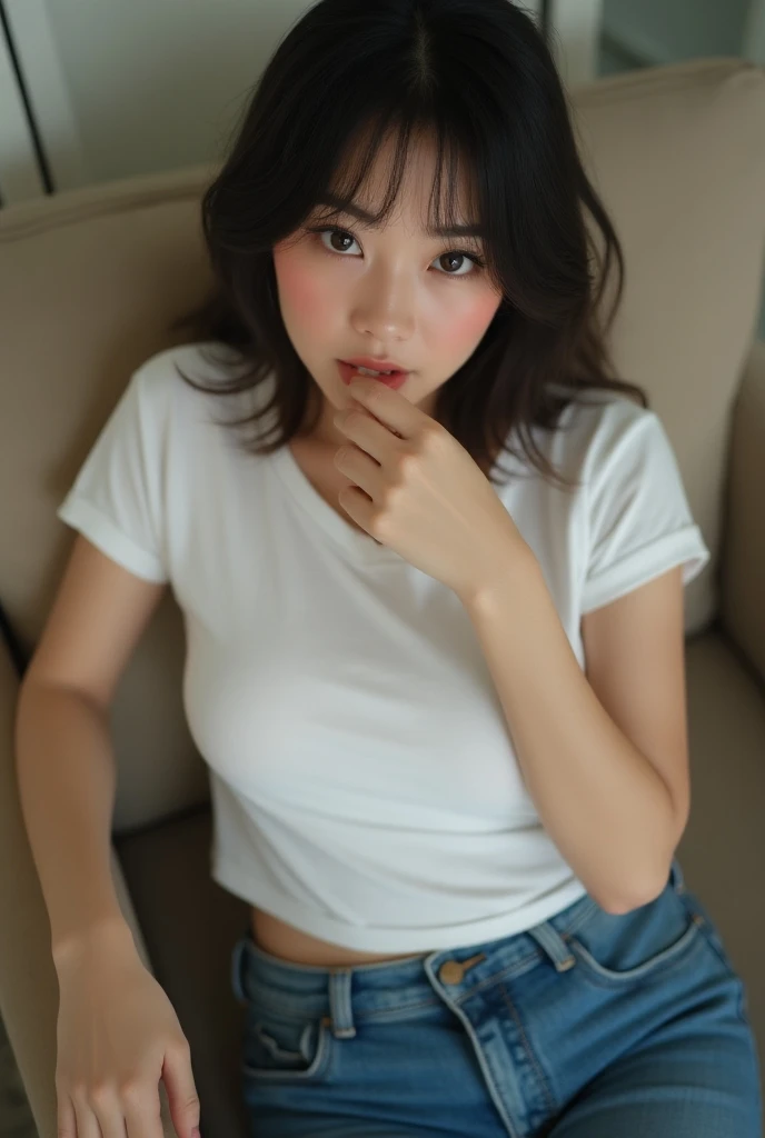 Best quality 8k Masterpiece,Japanese women in full blue jeans and white tshirt,white shoes,big ,glowing skin,clear face,symetrical face,sitting on chair,one hand on ,biting lips,camera angle above her face,selfie big beautiful breasts