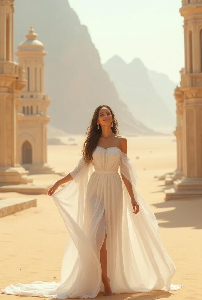 Woman with an expression of joy wearing white clothes between palaces and deserts for presentation at a data show 