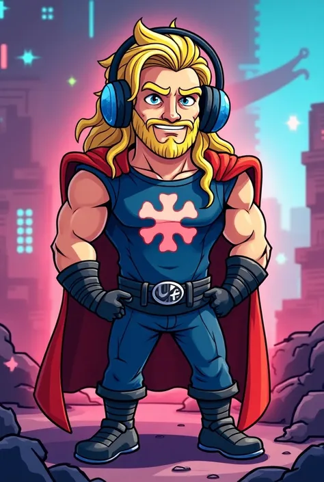 Create an image of the superhero Thor with gamer ,  headphones with the autism symbol on the shirt and cartoon style