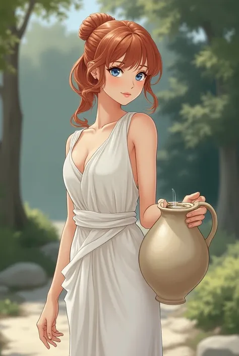 An anime beautiful tall young girl with soft features,reddish soft lips,light reddish brown hair tied up and her bangs left,She has light blue eyes,She Is wearing a white chitone that goes loose on her figure and greek sandals on her feet and She Is holdin...