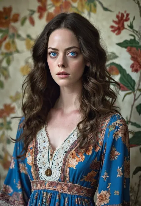 arafed woman with a blue intense eyes, pale skin, wavy brown hair and a floreal bohemian dress a portrait, kaya scodelario, portrait realistic kaya scodelario, looking confused, frown fashion model, cait miers, woman model, intimidating woman, clothed non ...