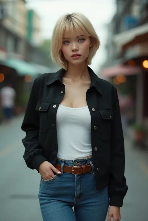 Realistic, Movie Scence, 8K, HD, high-resolution image, super detailed, 16K masterpiece in Ultra HD, The image depicts a 80s, American Beautiful Young girl, She is wearing a like this, top has black jacket , white t-shirt, bottom wear blue long jeans and b...