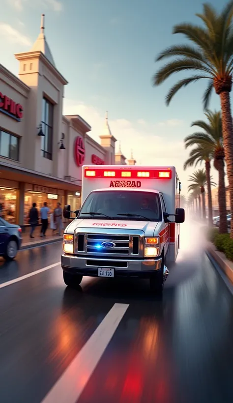 A running ambulance outside a mall