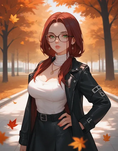 ((close up)), score_9, score_8_up, score_7_up, score_6_up, score_5_up, score_4_up, 1 girl, burgundy hair, ((long hair)), oval glasses, two low ponytails, green eyes, black clothes, ((black Puffer Jackets)), ((fur)), turtleneck, big breasts, skirt, autumn, ...