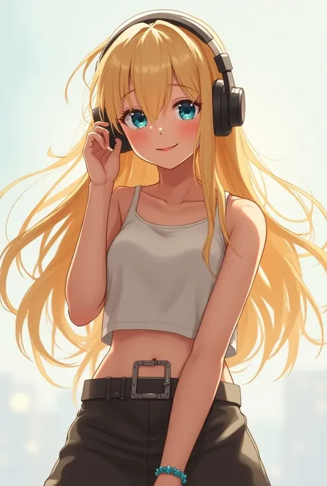  1 girl, Long Hair, Blonde, Blue Eyes Simple Background ,  Smiling Wearing Headphones , Close your mouth, Bright Eyes, Character portrait, 
Belly Button Clothes, Skirts, Long Boots
coolest