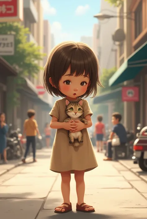 girl on the street with a kitten