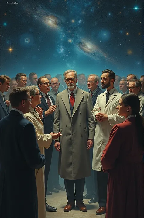 Create an image where the best scientists in history are gathered and where outer space is in the background 