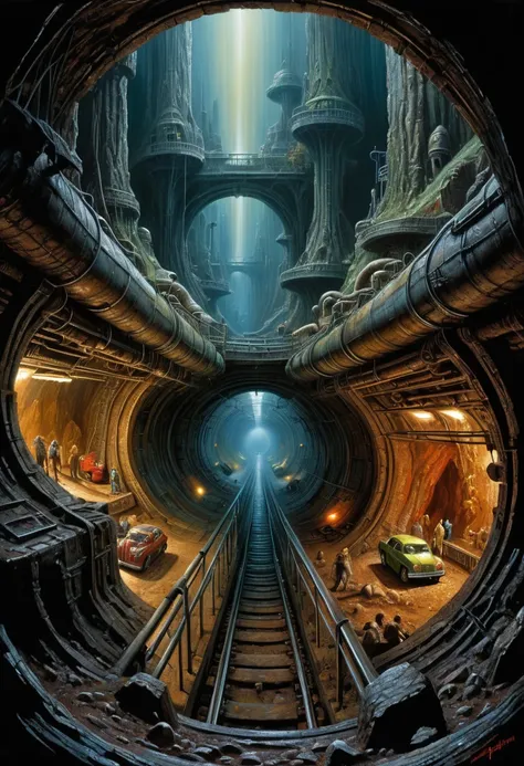 Underground world, wide angle, panorama view, by Bob Eggleton.
best quality, masterpiece, intricate details, ultra-detailed