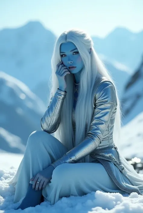 "A beautiful woman with long white hair and blue skin sits in a snowy mountain range. She is wearing a silver armor and covering her face with her hand. The background is out of focus and has a cool, blue hue. The thumbnail should be cinematic and have a h...