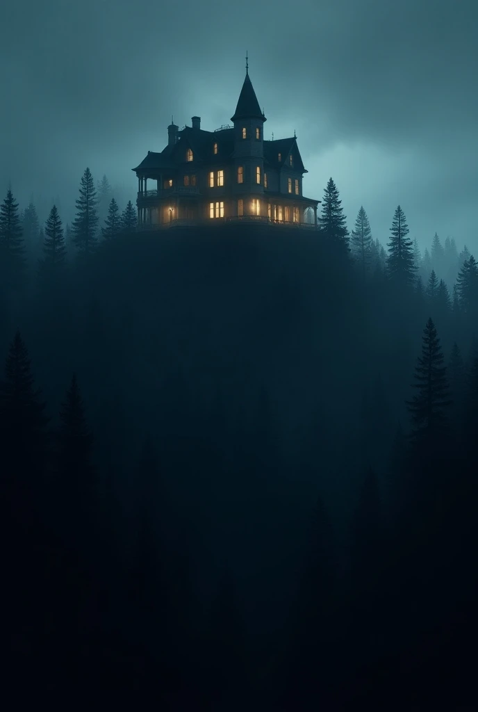 Gloomy pine forest is a mansion above the forest trees at night with the mansion with lights on inside it 