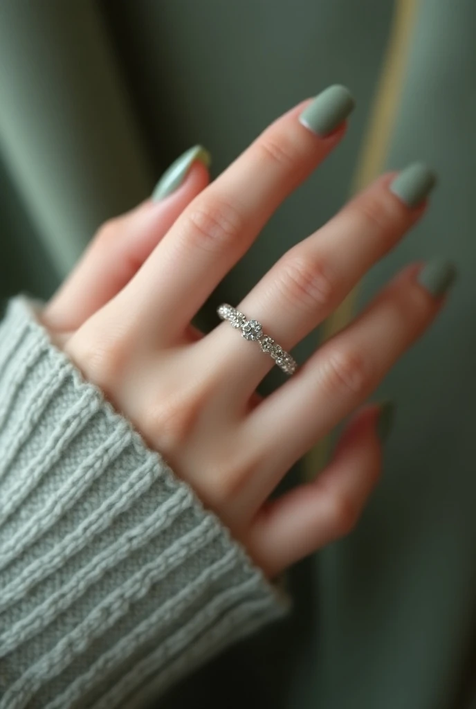 Elegant hand with sage green and French tip manicure, close-up of slender fingers wearing a delicate crystal ring, soft gray sweater sleeve visible, modern and chic, professional nail studio setting, serene and sophisticated atmosphere, realistic style wit...