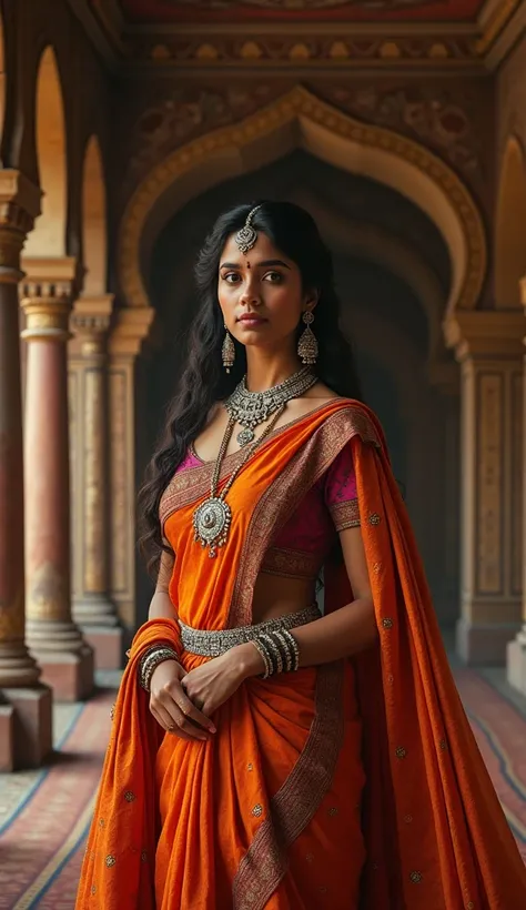 A very clear ultra historical HD dynamic image of "Inside the royal chamber, Rani Padmini stands resolute in her vibrant saree. Her face is calm yet filled with determination as she clutches her silver necklace, a symbol of her honor. Her eyes reflect her ...