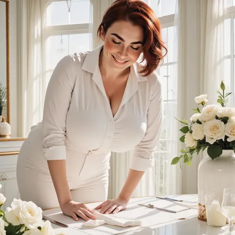 Photorealistic, cinematic style, picture of a beautiful British woman setting the table in a fancy wedding venue. Shes leaning over the table to place the white napkins in place. (Dynamic pose: 1.5), (she is smiling). She has Brown eyes, downturned eye sha...