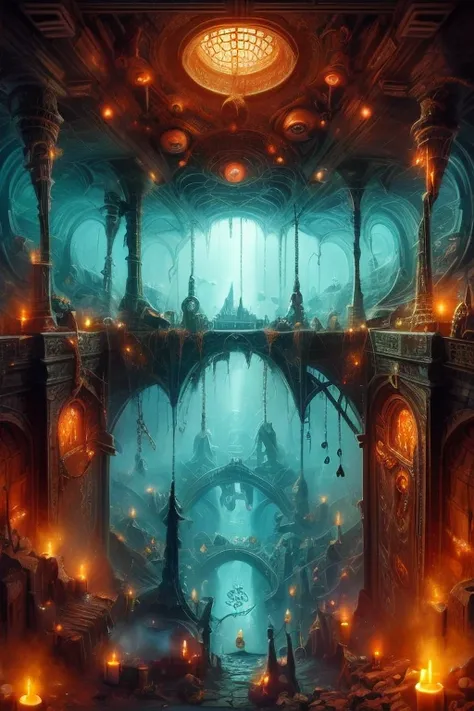 abstract art, ( surrealism ) a surreal scene an underworld, underground, underworld city, below ground. underground city, wide s...