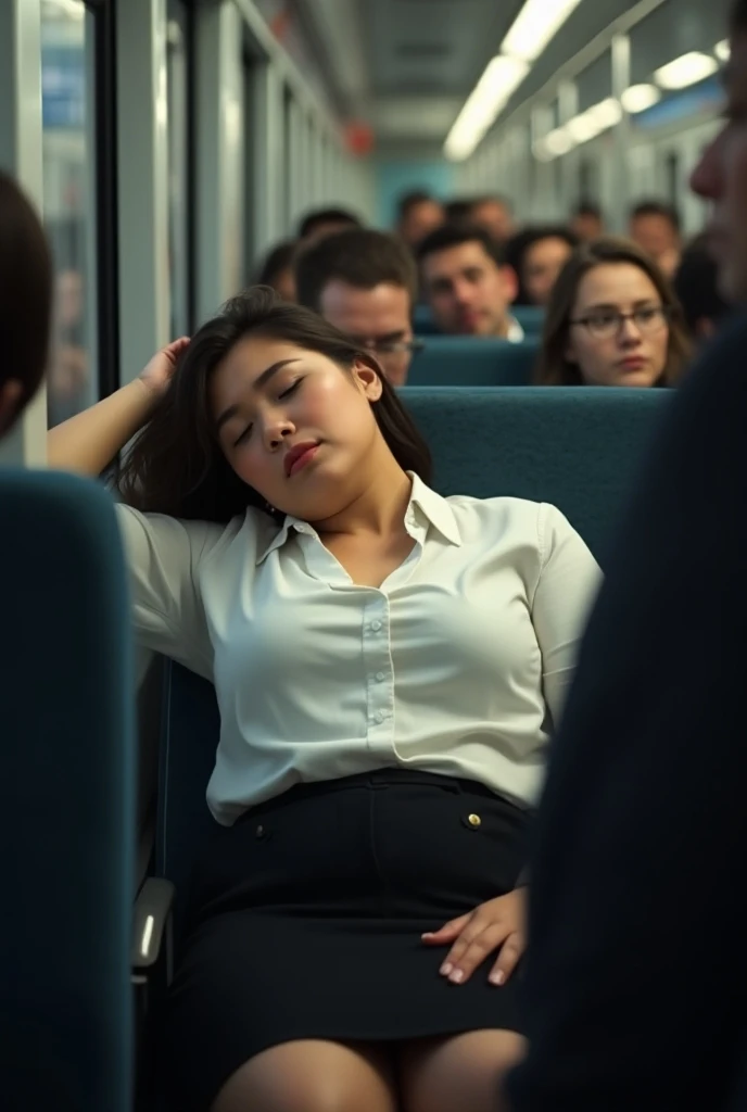 
A young woman, A little bit full, was sitting on the train ,  the woman was wearing a white office uniform and a black skirt.  the woman was seen asleep in the train seat ,  and appeared to be several passengers .