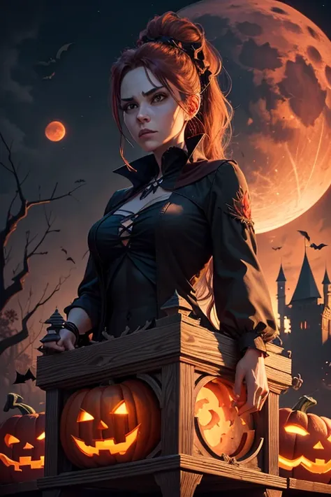 Cartel de Halloween, pumpkin, bat,  wilted giant branches, red moon, Ray Tracing, Stacked Chests , Castle with double ponytail, 