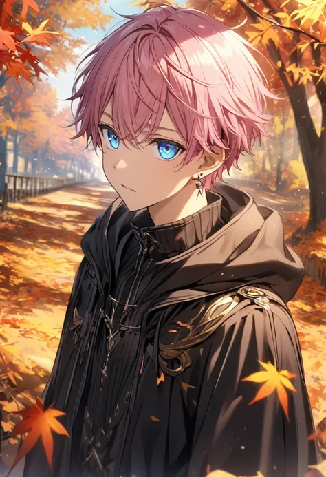 1. Boy,  Black clothes, CG: 1 male, thin, young,Detailed eyes and face,  fade cut, Pink Hair,blue eyes,autumn, earrings