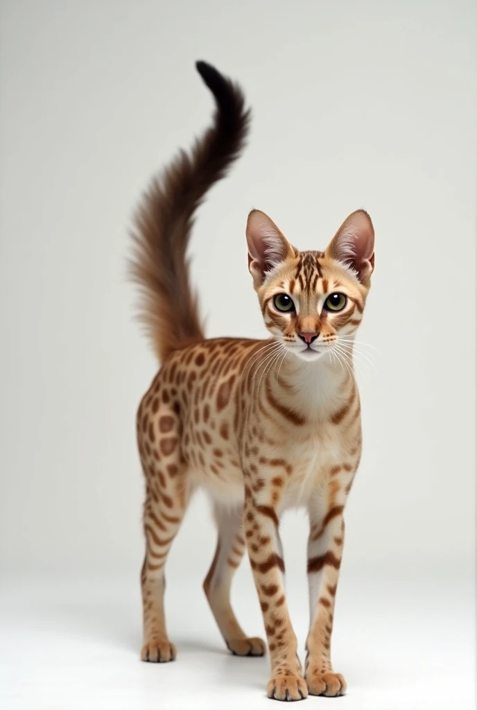 araffe cat standing on a white surface looking at the camera, long elegant tail, long tail, cat tail, brown tail, tabaxi male, he has an elongated head shape, tail raised, awesome cat, persian queen, attractive and good looking, including a long tail, cat ...