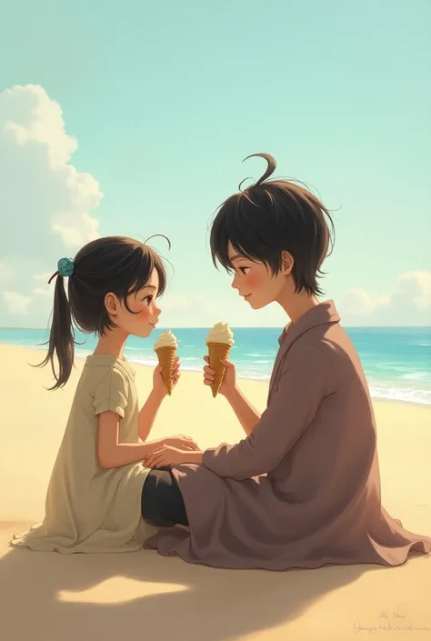 girl is eating ice cream on the beach next to Hua Cheng
