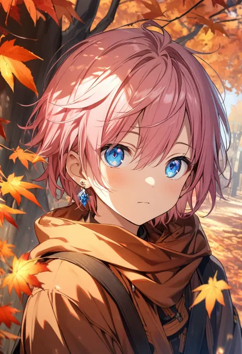 1. Boy,  Black clothes, CG: 1 male, thin, young,Detailed eyes and face,  fade cut, Pink Hair,blue eyes,autumn, earrings