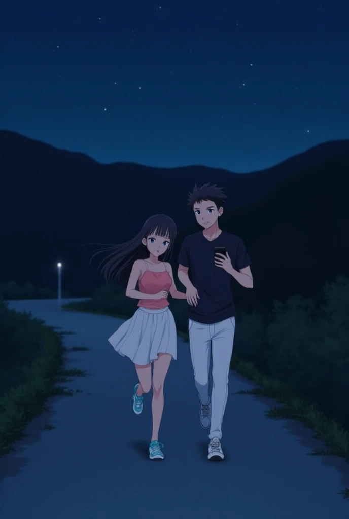 girl has black long hair and is pretty.she is wearing a pink top,a white skirt and blue shoes.he has black hair.He wears white shoes,white pants and a black shirt.it is night she looks at her cell phone he looks at her and smiles lovingly.the two run side ...