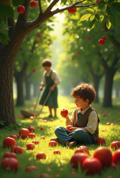 An apple tree with fruit on the ground with ren eating and a gardener cleaning 