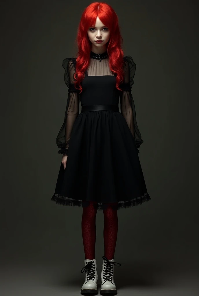  Give me an image of a girl with red hair , Who wears a black dress in a cut ,  straight neckline and tulle sleeves , and short skirt . She wears thick red lace tights and white combat boots. Its very important that I noticed everything I asked you for  