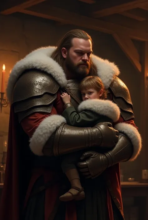 Huge fat handsome young man with an oversized belly with a thight medival furry royal armor on in a travern setting  with long hair and gotie hugging a smaller boy