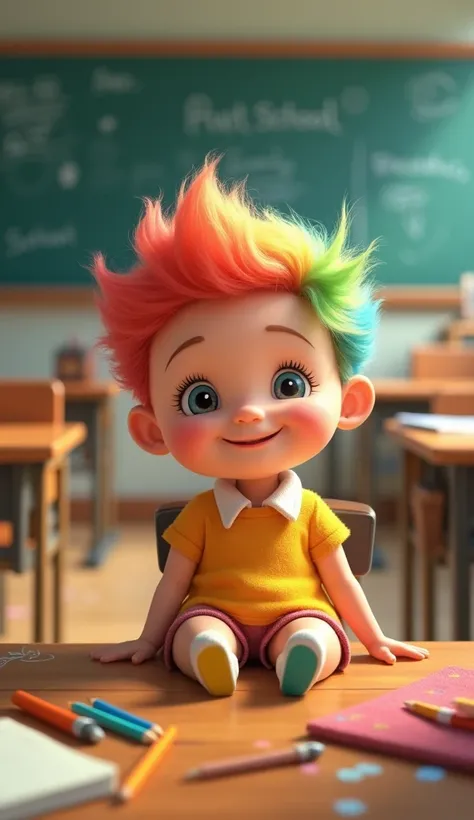  cute  with hairs sitting in a classroom alone face happy in cartoon characters 